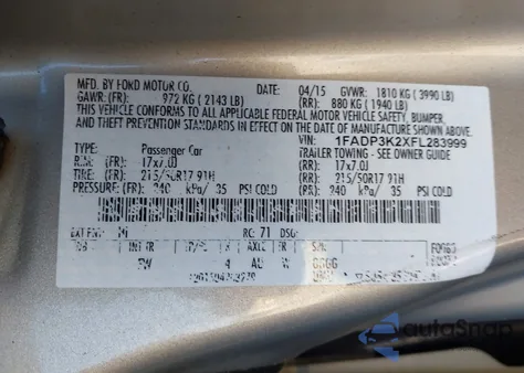 2015 Ford Focus Se из США, поврежденный, VIN 1FADP3K2XFL283999